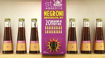 Alcohol-free cocktail bottles displayed beside a St. Agrestis Negroni box labeled Brooklyn, NY