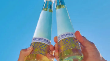 Non-alcoholic Negroni bottles held up against a clear blue sky in a celebratory toast