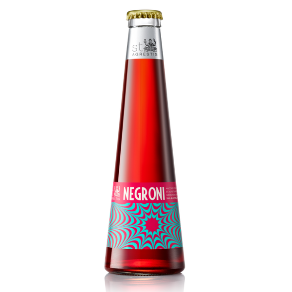 Bottled Negroni cocktail with red liquid in a tall glass bottle featuring a vibrant pink and teal geometric label.