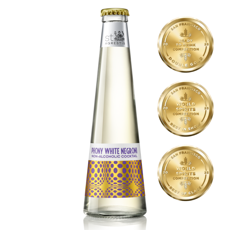 St. Agrestis Phony White Negroni non-alcoholic cocktail bottle with three San Francisco World Spirits Competition gold medals.