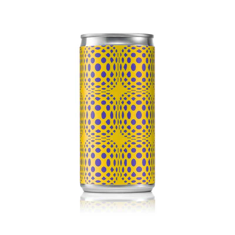 No alcohol white negroni can with a yellow and purple geometric patterned label on a white background.
