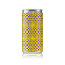 No alcohol white negroni can with a yellow and purple geometric patterned label on a white background.