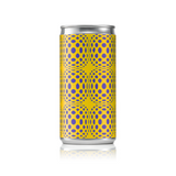 No alcohol white negroni can with a yellow and purple geometric patterned label on a white background.
