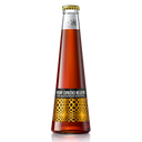Virgin espresso negroni bottled non-alcoholic cocktail in a tall amber glass with gold and black patterned label.