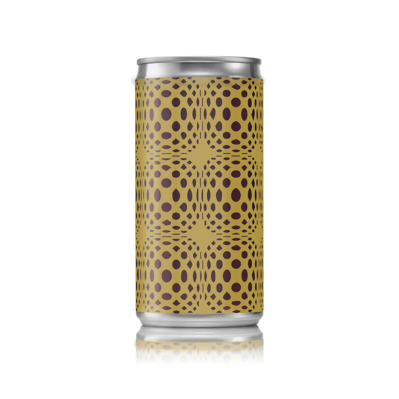 Espresso negroni mocktail in a slim can with gold and brown geometric dotted pattern design.