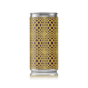 Espresso negroni mocktail in a slim can with gold and brown geometric dotted pattern design.