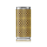 Espresso negroni mocktail in a slim can with gold and brown geometric dotted pattern design.